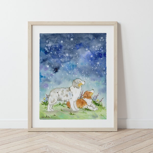 Australian Shepherd Art, Starry Skies, Blue Merle and Red Tri Aussie Print, Puppy Nursery Art, Watercolor Print,  Children's Art