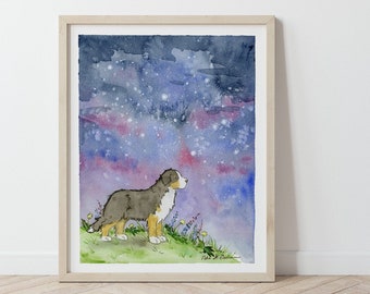 Bernese Mountain Dog Print, Starry Night, Bernese Nursery Print, Bernese Illustration, Puppy Dog Nursery, Kids Puppy Art, Children's Art