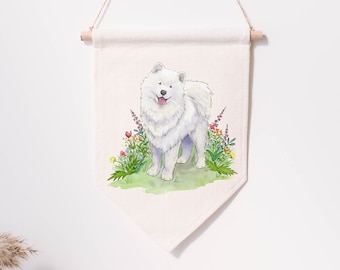 Samoyed Pennant Banner, Cotton Samoyed Nursery Pennant, Samoyed Banner, Gift for Samoyed Lover, Samoyed Wall Hanging, Puppy Nursery Wall Art