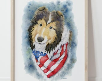 Sable Sheltie Art, Shetland Sheepdog Portrait, Patriotic Sheltie art, Shetland Sheepdog, Sheltie Gift, Sheltie Lover, Watercolor Dog