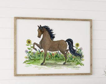 Morgan Horse Art, Horse with Flowers,  Horse Nursery Art, Watercolor Horse Art, Cute Horse Art, Girls Horse Wall Art, Horse Lover Gift