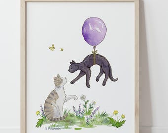 Watercolor Cat Art, Kitten Nursery Art, Cats with Purple Balloon, Black Cat Art, Tabby Cat Art, Children's Cat Art, Cat Lover Gift