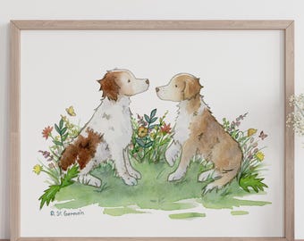 Brittany Spaniel Art, Toller Art, Nova Scotia Duck Tolling Retriever, Brittany Spaniel Gift, Dog Lover Gift, Puppy Nursery Art, Watercolor