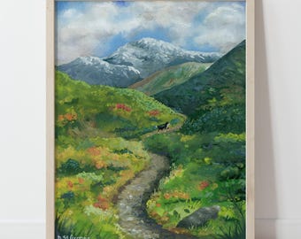 Alaskan Mountains Gouache Print, Bernese Mountain Dog Hiking in Autumn, Gift for Berner Lovers