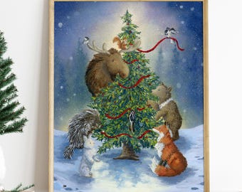 Alaskan Holiday Art, Woodland Animals with Christmas Tree, Gouache Print, Holiday Decor, Gift from Alaska