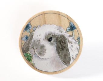 Wooden Holland Lop Pin, Gray and White Spotted Holland Lop, Rabbit Lover Gift, Bunny Mom, Holland Lop Gift, Bunny Gift, Stocking Stuffer