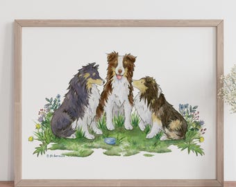Shelties and Aussie Art Print, Watercolor Dog Art, Pet Portrait, Shetland Sheepdog, Australian Shepherd, Sheltie Gift, Aussie Gift