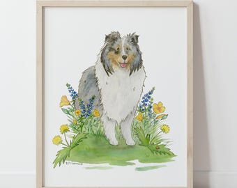 Sheltie Art, Sheltie Gifts, Blue Merle Sheltie, Shetland Sheepdog Art, Sheltie Painting, Dog Portrait, Watercolor Dog Art, Puppy Nursery Art