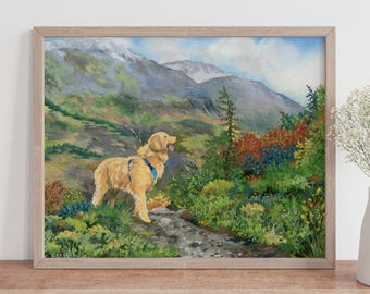Golden Retriever Hiking in Alaska Gouache Giclee Print, Alaskan Mountain Landscape, Gift for Golden Lovers