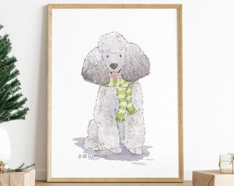 Poodle Art, Holiday Silver Poodle Print, Christmas Poodle, Poodle Gift, Poodle Lover, Watercolor Poodle Art, Cute Poodle Art Holiday Dog Art