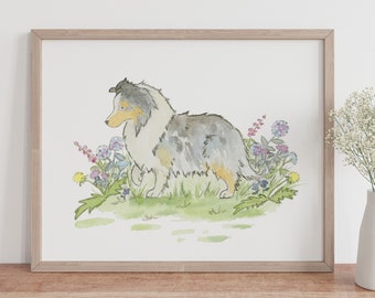 Sheltie Art, Sheltie Gifts, Blue Merle Sheltie, Shetland Sheepdog Art, Sheltie Painting, Dog Portrait, Watercolor Dog Art, Puppy Nursery Art