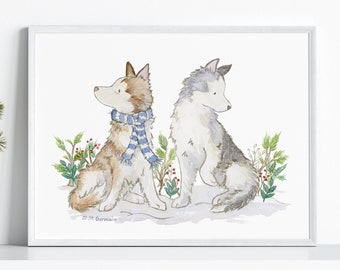 Husky Christmas Art, Dog Holiday Print, Siberian Husky Art, Malamute Art, Christmas Decor, Holiday Decor, Dog Lover Gift, Husky Decor