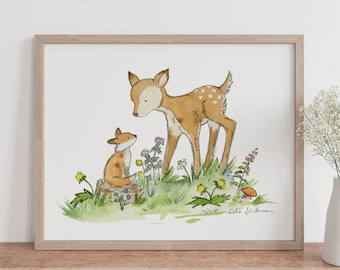 Woodland Nursery Art- Fawn and Fox Nursery Art- Children's Art- Woodland Art- Children's Wall Art- Forest Nursery Art- Nursery Print, Deer