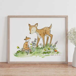 Woodland Nursery Art- Fawn and Fox Nursery Art- Children's Art- Woodland Art- Children's Wall Art- Forest Nursery Art- Nursery Print, Deer