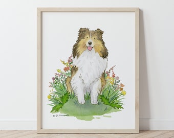 Sheltie Art, Sable Sheltie with Flowers Print, Sable Sheltie, Shetland Sheepdog, Children's Art, Sheltie Gift, Sheltie Lover, Watercolor Dog