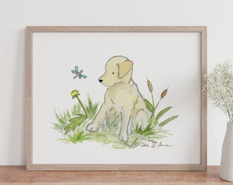 May include: Watercolor painting of a yellow Labrador Retriever puppy sitting in a field of green grass with a blue dragonfly and a yellow dandelion. The painting is signed "Lisa J. Bowman".