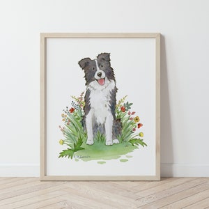 Border Collie Art, Border Collie with Flowers Print, Pet Portrait, Children&#39;s Art, Border Collie Gift, Dog Lover Gift, Watercolor Dog Art