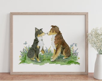 Australian Shepherd Art, Red Tri and Black Tri, Aussie Gift, Dog Lover Gift, Aussie Art, Puppy Nursery Art, Watercolor Print, Children's Art