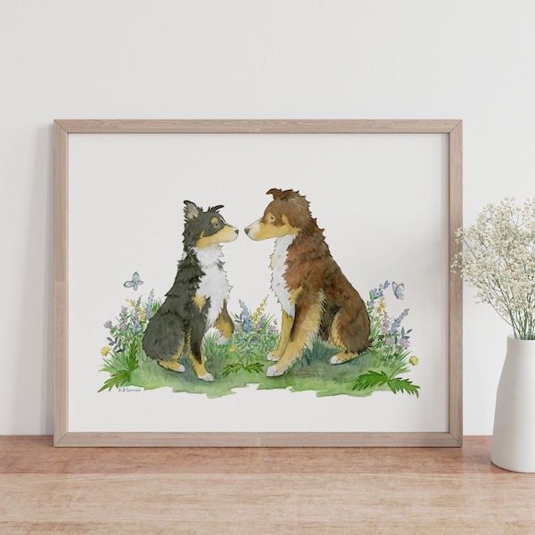 Australian Shepherd Art, Red Tri and Black Tri, Aussie Gift, Dog Lover Gift, Aussie Art, Puppy Nursery Art, Watercolor Print, Children's Art