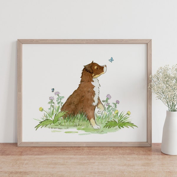 Australian Shepherd Art, Red Tri Aussie Print, Aussie Gift, Dog Lover Gift, Aussie Art, Puppy Nursery Art, Watercolor Print, Children's Art