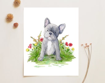 Arte de bulldog francés, Frenchie de acuarela con flores, arte de guardería de cachorros, amante del bulldog francés, arte de perro lindo, regalo de amante de perro, regalo de Frenchie