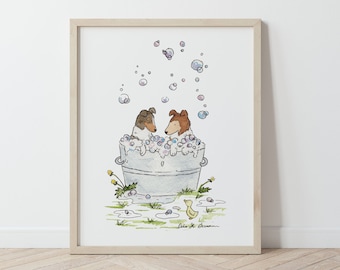 Collie Wall Art, Children's Art, Puppy Nursery Print, Nursery Wall Art, Dog Nursery Art, Collies in a Tub, Kids Bathroom Art, Bathroom Decor