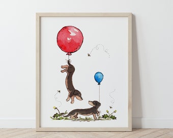 Dachshund Art, Dachshunds with Balloons, Black and Tan Dachshund, Wiener Dog Art, Gift for Dachshund Lovers Puppy Nursery Art Cute Dachshund