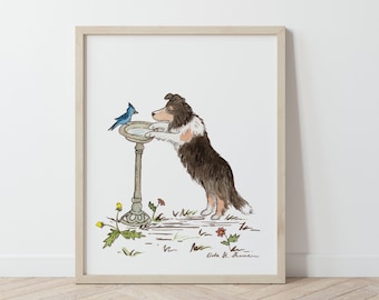 May include: A watercolor illustration of a brown and white dog looking at a blue bird perched on a bird bath. The dog is standing on its hind legs with its front paws resting on the edge of the bird bath. The bird bath is a simple, round, white bowl on a tall, thin, brown stand. The background is white with a few green leaves and red flowers.