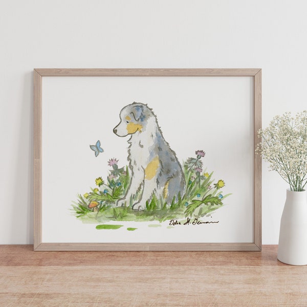 Australian Shepherd Art, Blue Merle Aussie Print, Puppy Nursery Art, Watercolor Print,  Children's Art Kids Dog Art, Baby Room Decor