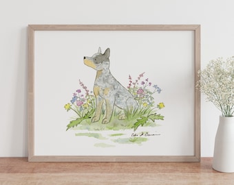Australian Cattle Dog Art, Blue Heeler Art, Dog Portrait, Dog Painting, Puppy Nursery Art, Children's Art, Cattle Dog Gift, Watercolor Print