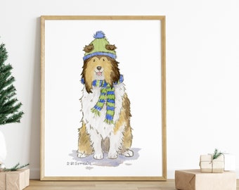 Collie Art, Rough Collie Holiday Print, Christmas Collie, Collie Gift, Sheltie Gift, Sheltie Holiday Print, Art for Dog Lovers
