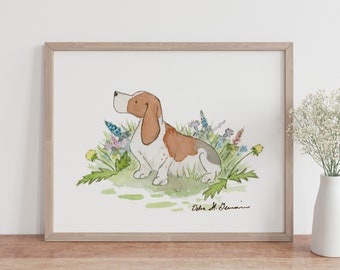 Basset Hound Art, Basset Hound Painting, Basset Hound Gift, Dog Art, Dog Nursery Art, Children's Wall Art, Watercolor Dog Art, Dog Print