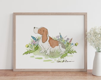 Basset Hound Art, Basset Hound Painting, Basset Hound Gift, Dog Art, Dog Nursery Art, Children's Wall Art, Watercolor Dog Art, Dog Print