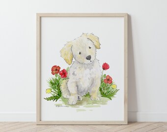 Goldendoodle Art, Art de chien aquarelle, chiot avec des fleurs, Golden Retriever Art, Labradoodle, Puppy Nursery Art, Art mignon de chien, cadeau d'amant de chien