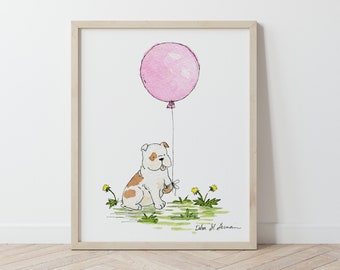 Bulldog Nursery Art, Bulldog Print, Bulldog and Pink Balloon, English Bulldog Art, Nursery Wall Art, Children's Decor, Baby Girl Nursery Art