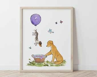 Dog Nursery Art, Golden Retriever Art, Dachshund Art, Balloon Nursery Art, Purple Nursery, Watercolor Art Print, Puppy art, Baby Girl Art