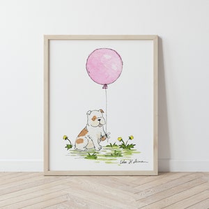 Bulldog Nursery Art, Bulldog Print, Bulldog and Pink Balloon, English Bulldog Art, Nursery Wall Art, Children&#39;s Decor, Baby Girl Nursery Art
