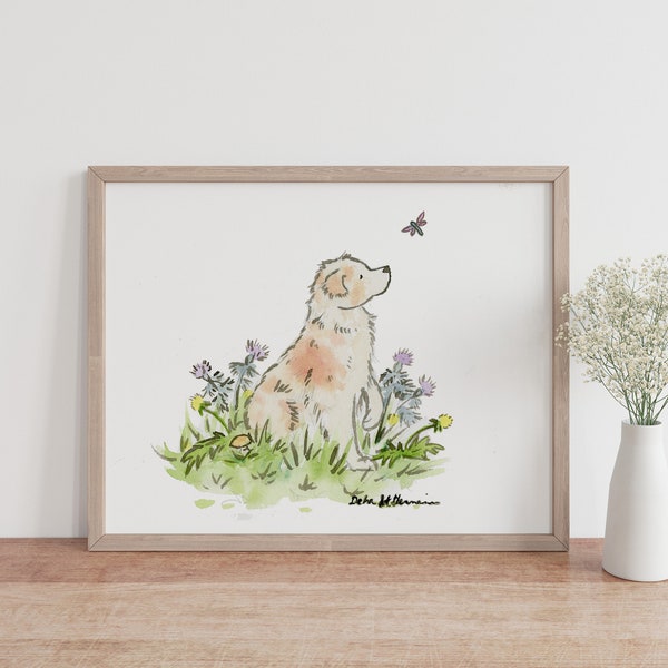 Australian Shepherd Art, Red Merle Aussie Print, Puppy Nursery Art, Watercolor Print,  Children's Art Kids Dog Art, Baby Room Decor Dog Gift