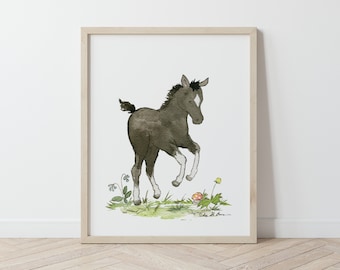 Pony Art, Pony Nursery Art, Baby Horse Print, Children's Art, Farm Nursery Decor, Kid's Pony Art, Black Foal, Horse Art, Watercolor Horse