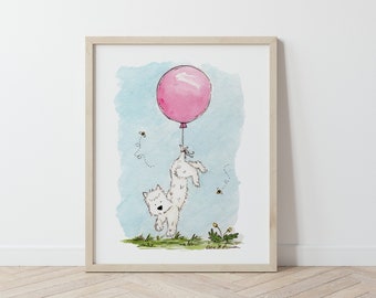 Westie Art, Dog Art, Dog Nursery Art, Dog with Pink Balloon, Westie Lover Gift, West Highland White, Baby Girl Nursery, Puppy Nursery Art