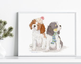 Cavalier King Charles Spaniel Print, Cavalier Gift, Cavalier Holiday Print, Cavalier Spaniel Art, Cavalier Christmas Art, Art chien aquarelle