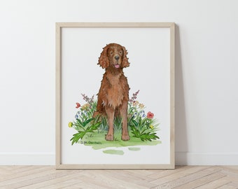May include: Watercolor painting of a brown Irish Setter dog sitting in a field of flowers. The dog is looking at the viewer with its tongue sticking out. The flowers are a variety of colors, including pink, purple, yellow, and blue.