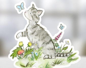 Tabby Cat Vinyl Sticker, Gray Tabby decal, Cat Lover Gift, Laptop Sticker, Water Bottle Sticker, Cat Mom Gift, Tabby Kitten Sticker