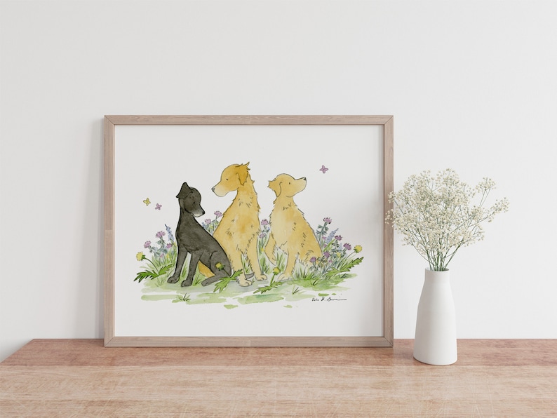 Golden Retriever Art, Black Lab Art, Pet Portrait, Labrador, Watercolor Dog Print, Golden Retriever Gift, Dog Wall Art, Children's Art image 1