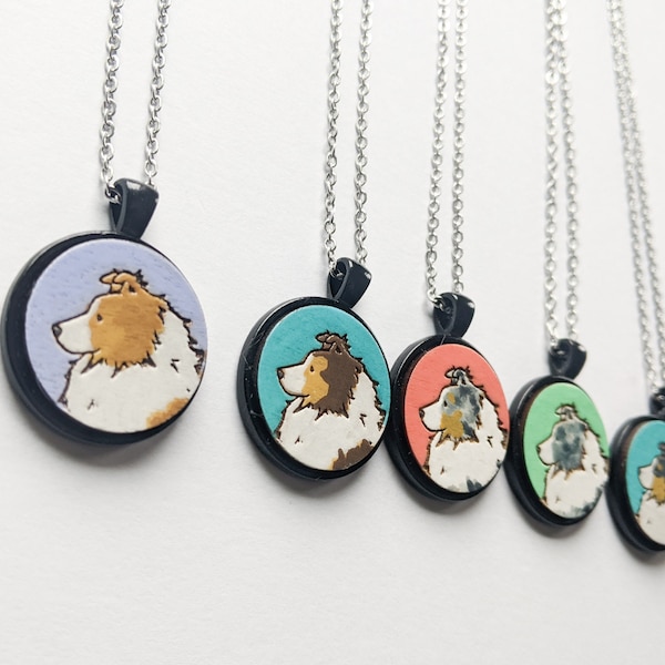 Sheltie Necklace, Hand painted Wooden Sheltie Necklace, Sheltie Gift, Shetland Sheepdog, Sheltie Lover, Sable, Blue Merle, Tri Color