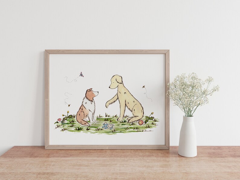 Niedliche Hundekunst, Golden Retriever Kunst, Sheltie Kunst, Welpen Kinderzimmer Kunst, Kinder Hundekunst, Hundekindergarten, Aquarell Hunde, Shetland Sheepdog Kunst Bild 2