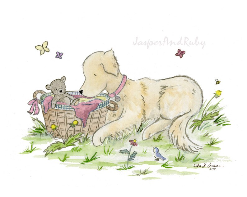 Golden Retriever Art Nursery Print Golden with Baby Etsy