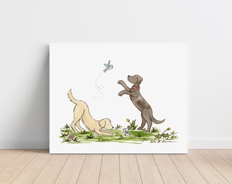 Puppy Canvas Nursery Art, Black Lab Art, Golden Retriever Art, canvas Dog Art, Puppy art, Children's Art, Kids Room Decor Gallery Wrap