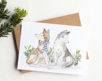 Husky Weihnachtskarte, Malmute Urlaubskarte, Sibirische Husky Liebhaber, Husky Geschenke, Hundeliebhaber Karte, Süße Husky Karte, Aquarell Husky Kunstwerk