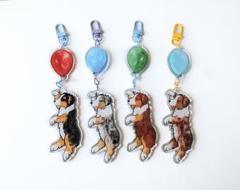 Acrylic Aussie Keychain, Aussie with Balloon, Australian Shepherd Gift, Red Merle, Tri, Blue Merle